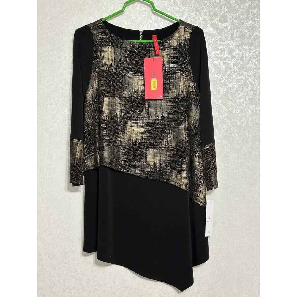 IC by Connie K NWT Black & Gold Metallic Asymmetric Hem Overlay Tunic Top Sz S